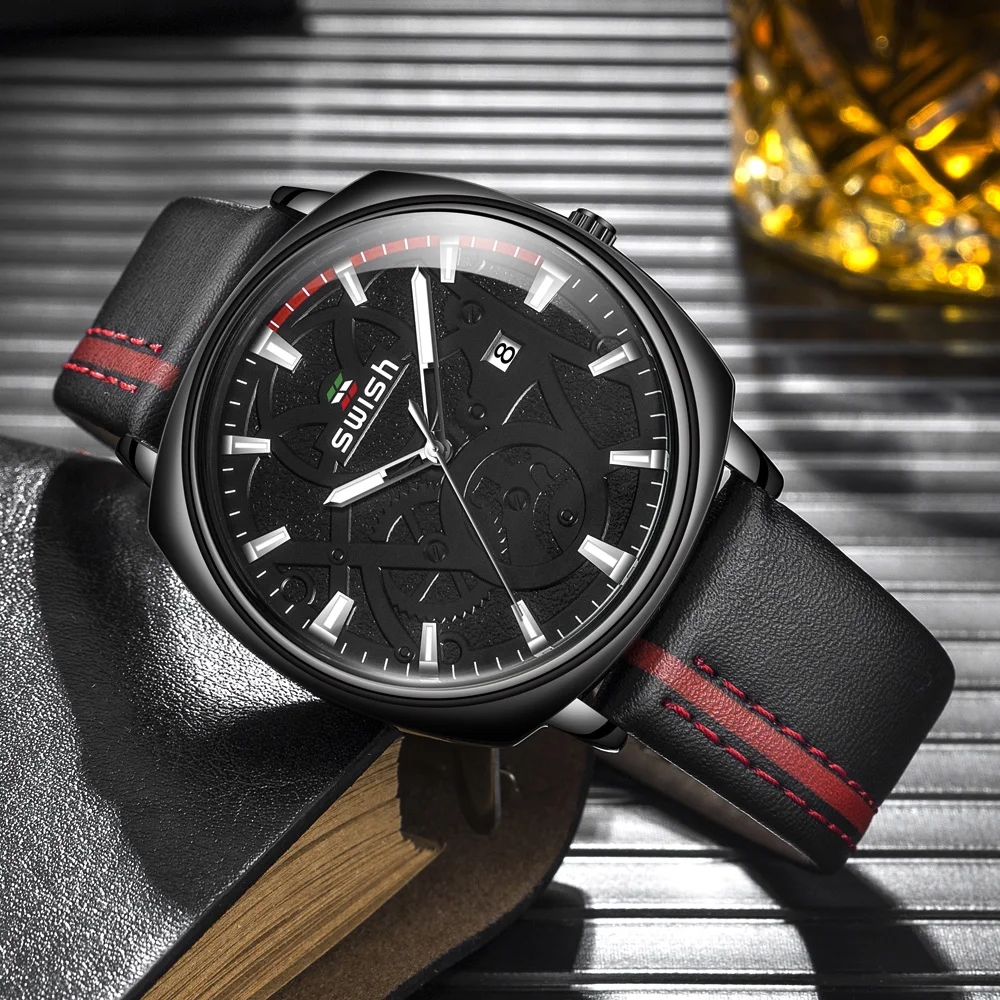 

SWISH The Latest Leather Wristwatch Men Black Fashion Luminous Military Quartz Watch Casual Waterproof Sports Clock 2020 Reloj