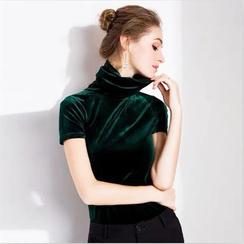 

Candy Color Women Velour T-shirts Office Lady Turtleneck Short Sleeves Tops Japan Style Party Velvet Shirts Plus Size M-6XL 7XL