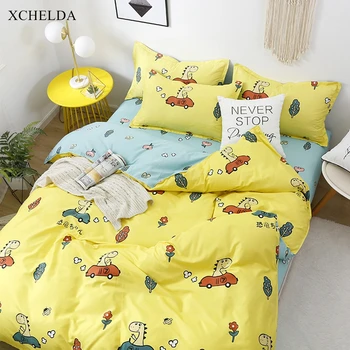 

Bedding Set Family Double Queen Twin Yellow Cute Dinosaur Bedspread Kids Single Bed Sheet Pillowcase 4pcs Duvet Cover Set