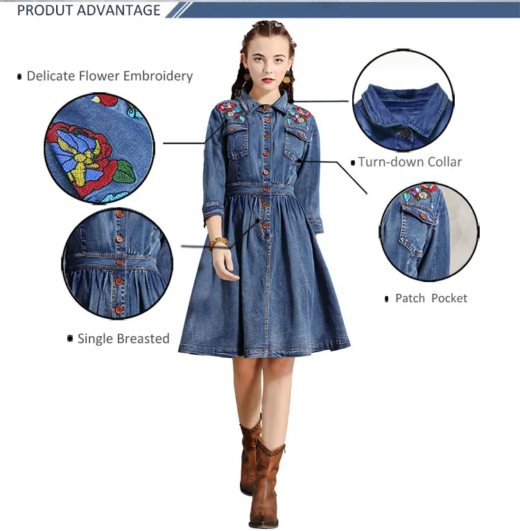 Женское платье Yuzi. may Boho новые джинсовые женские платья с отложным воротником Цветочная вышивка А-силуэта Vestidos A4917