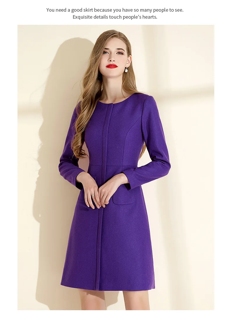 GYALWANA Winter Purple Dress Women Thick Woolen High End A-line Dress with 2 Pockets O-neck Long Sleeved Clothes for Christmas