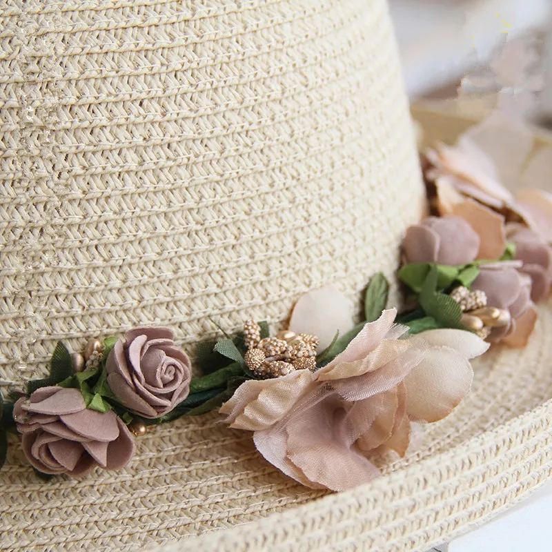 Sun Hats Summer Handmade Flower Straw Hat Womens Garland Bucket Hat Roll-up Hem Beach Cap 