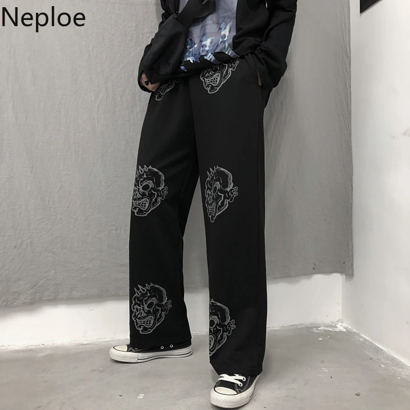 Neploe Harajuku, женские брюки с принтом черепа, весна, повседневные, тянущиеся, с талией, широкие, для женщин, мужчин, брюки, свободные, прямые, брюки 80592