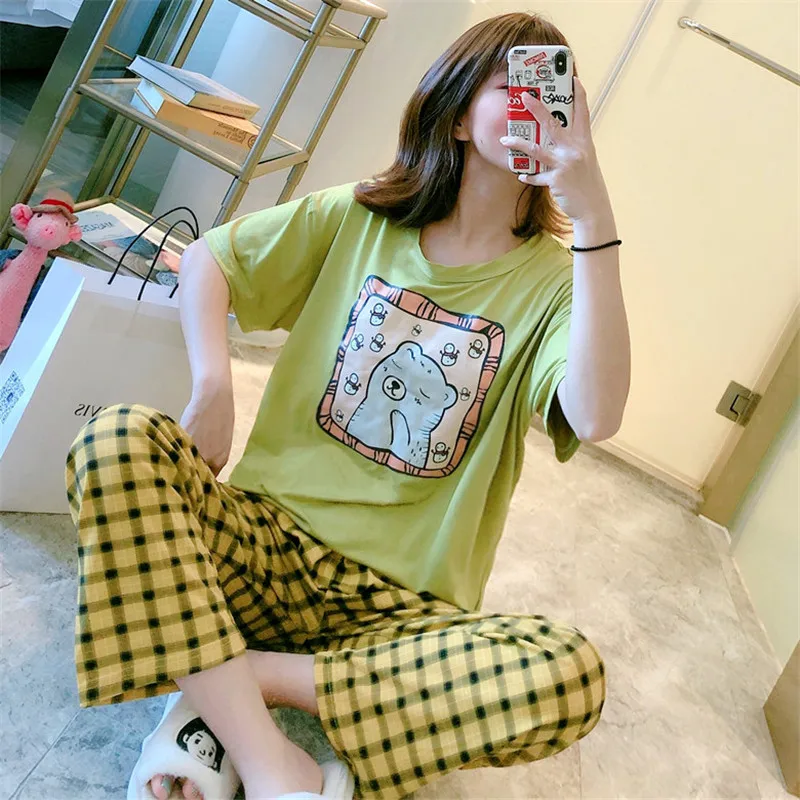 

Ladies Pajamas Set Korean Short Sleeve Round Neck Pajamas Set 2020 Summer New Cartoon Printing Casual Pajamas Home Wear