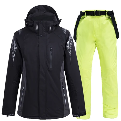 30 мужчин/женщин зимний костюм Сноубординг одежда зимняя спортивная одежда для улицы водонепроницаемые плотные теплые лыжные куртки+ снежный пояс брюки - Цвет: Fluorescent green