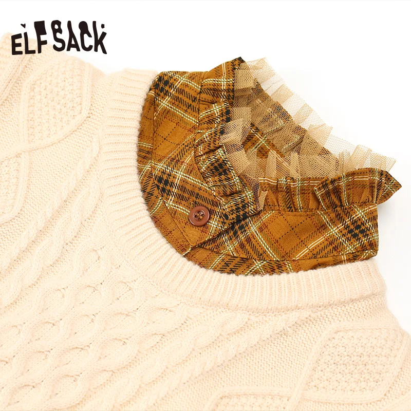 ELFSACK, бежевое однотонное корейское трикотажное платье из двух частей для женщин, зима, черное клетчатое платье с рукавом-фонариком, повседневные офисные платья для девушек