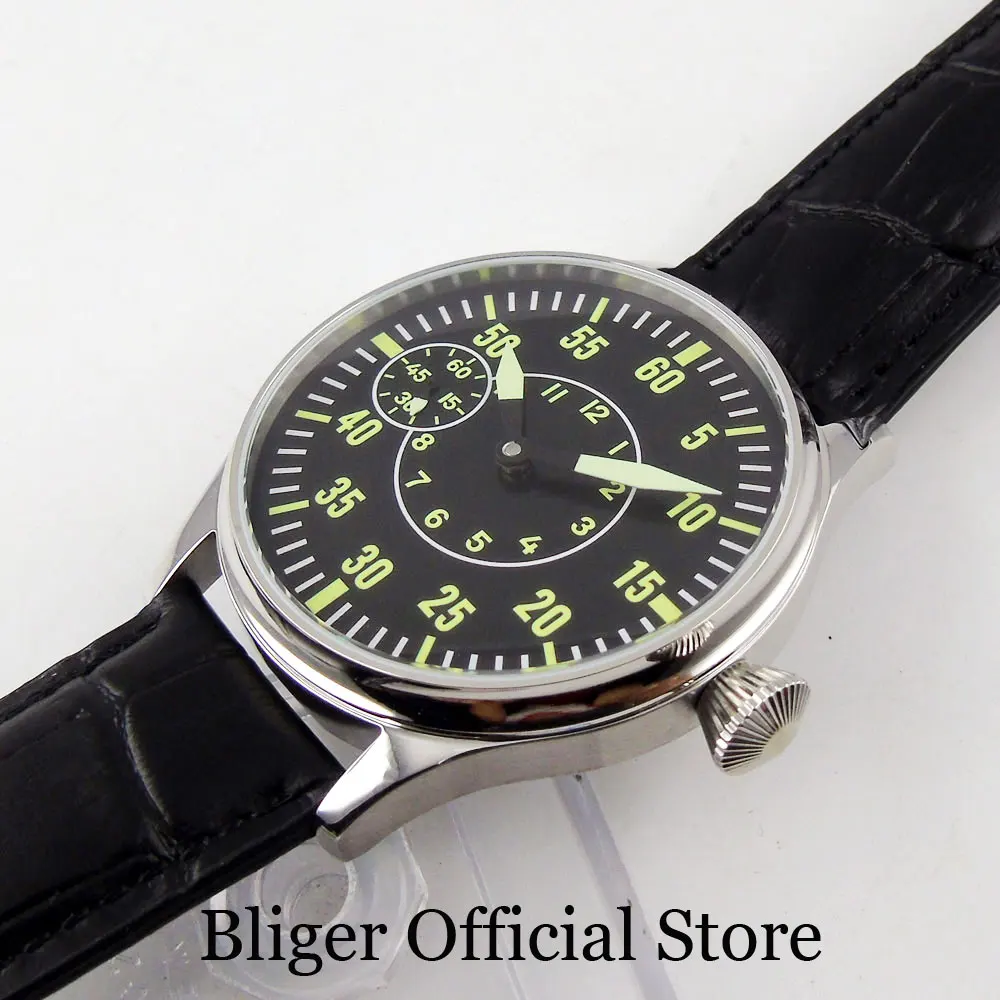 BLIGER Top 44 мм 6497, мужские наручные часы с ручным подзаводом и ремешком, серебристый чехол, черный кожаный ремешок, минеральное стекло