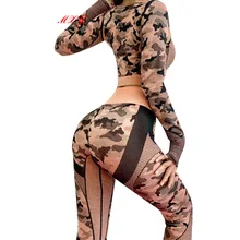 Женский Камуфляжный комплект для йоги, комбинированный сетчатый спортивный костюм для фитнеса, бега, одежда для спортзала, сексуальный дышащий эластичный Быстросохнущий комплект для йоги
