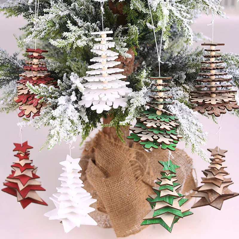 Wooden Christmas Tree Drop Ornaments DIY Home Decoration Pentagram Pendant 3D String Hangings Snowflake Festive Suppli | Дом и сад