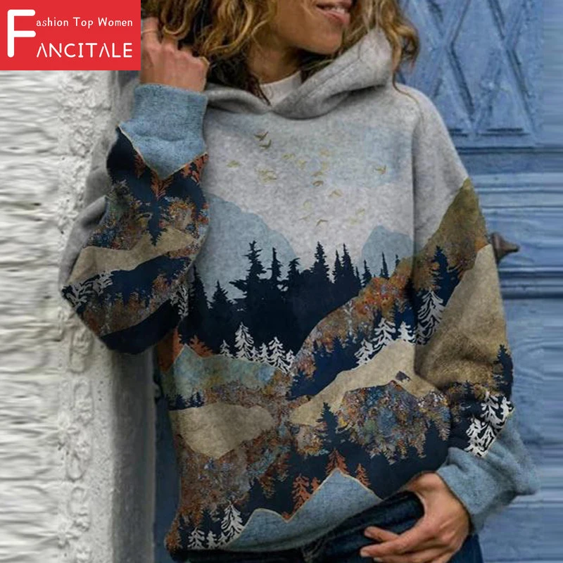 

Fashion Elegant Pattern Forest Print Fleece Hoodie Women Autumn Winter Long Sleeve Hooded Tops Pullover Hoodies Sweatshirts