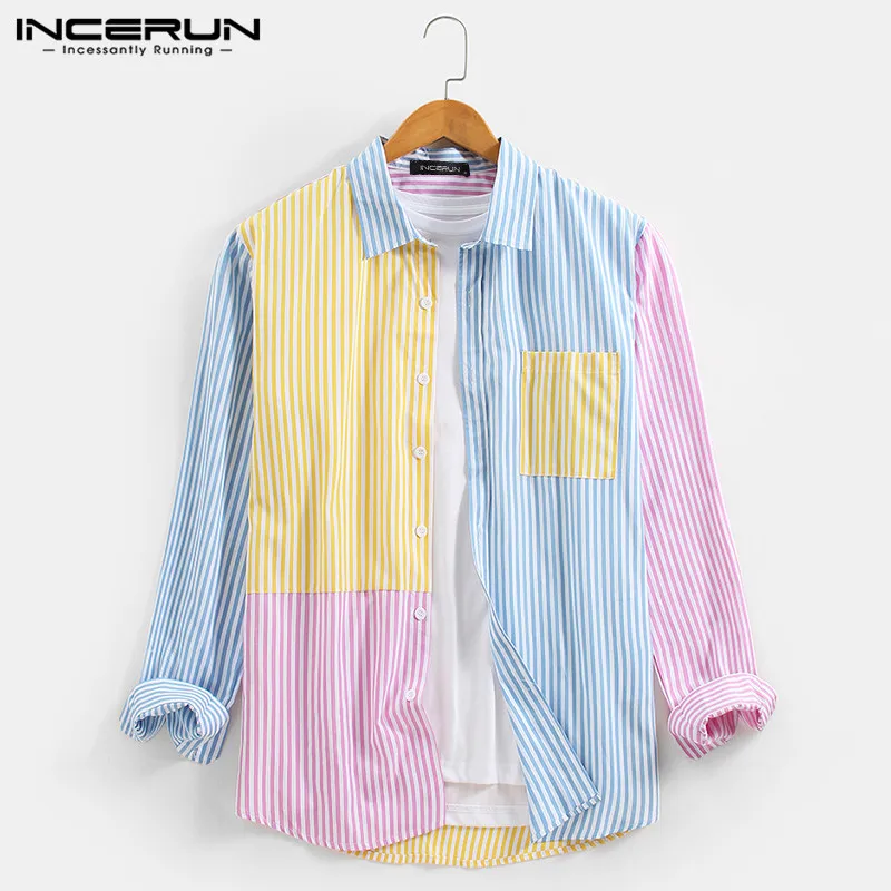 Shirts Buttons Long-Sleeve Patchwork Leisure-Striped Incerun-7 Men Blusas Man Lapel Colorful