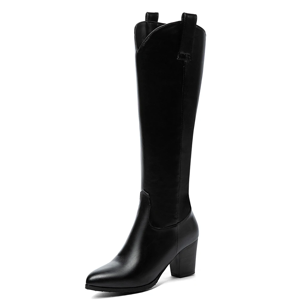 

Pointed Toe Square Heel Solid Color Sleeve Knee Boots Buckle V-Shaped Barrel Warm Women's Boots Rubber Sole Thick Heel Shoes