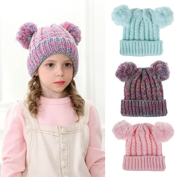 

Kids Cute Wool Knitted Hats Winter Twist Double Ball Hat For Boys and Girls Children's Beanie Warm Turban Cap Hair Accessories