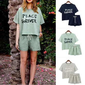 

Two-piece Letter Print Women's Clothing Short-sleeved Crew Neck T-shirt and Tight-fitting Shorts Simple Style Tracksuit Outfit