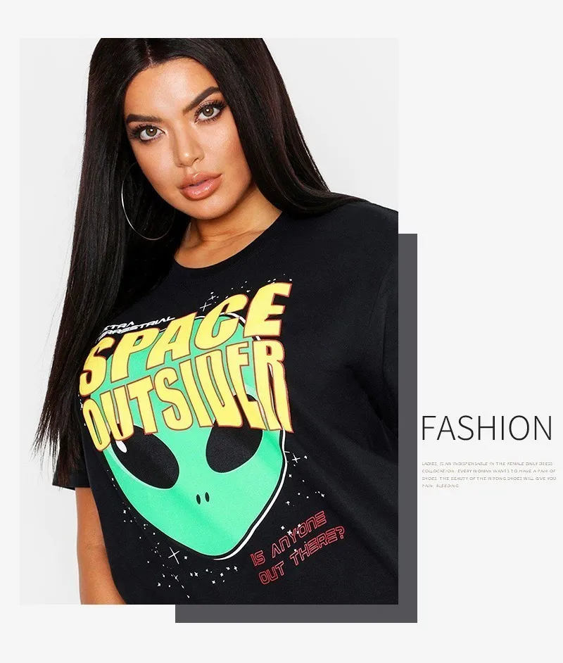 Kissmilk размера плюс, женская одежда с буквенным принтом, персональный принт головы инопланетянина, свободная футболка с круглым вырезом и коротким рукавом