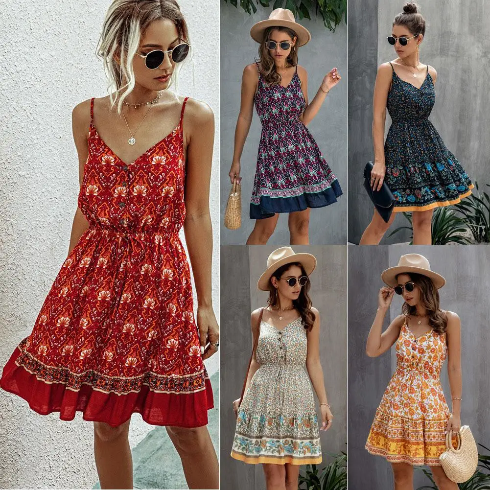 

Women Boho Adjustable Straps Button Drawstring Floral Print Beach A Line Dress
