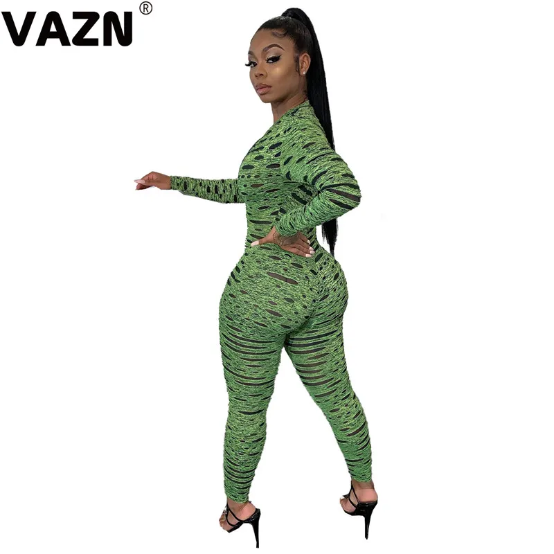 VAZN SHH8073 Autumn 3 Color New Mature Age Sexy Club Fashion Zipper Full Sleeve Women Elastic Skinny Long Pencil Jumpsuits