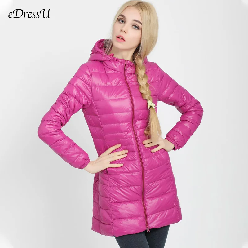 S-7XL, Женская куртка, длинный пуховик с капюшоном, верхняя одежда размера плюс, ультралегкий пуховик, осенне-зимняя куртка, повседневное теплое пальто, YD-12 - Цвет: Fuchsia Hooded