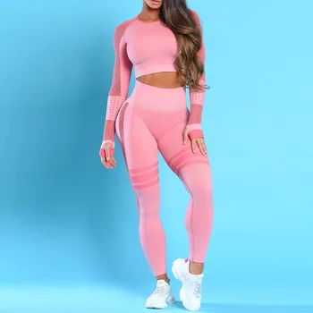 

Fitness Women Set Sport Crop Tops Tracksuit Hollow Out Breathable Long Sleeve Layer Crew Neck Power Stretch Crop Gym Set