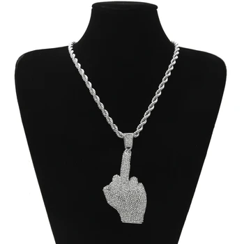 

HipHop Bling Plated Fill Crystal Uncivilized Gesture Big Middle Finger Pendant Necklace Stainless Steel Men Personality Necklace