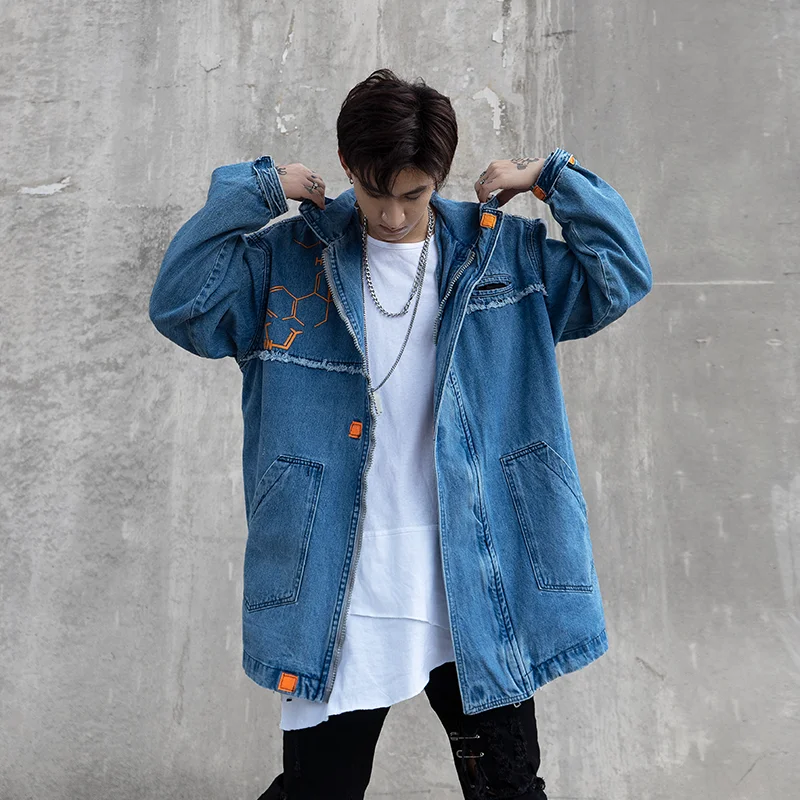 Синяя джинсовая куртка с капюшоном для мужчин Уличная Harajuku длинная Стильная джинсовая куртка негабаритных мужские джинсовые куртки Patchs манжеты махровые липучки