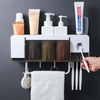 

Automatic Toothbrush Holder With Cups Wall Mounted Toothpaste Squeezer Dispenser Storage Rack Case Bathroom Accessories Sets