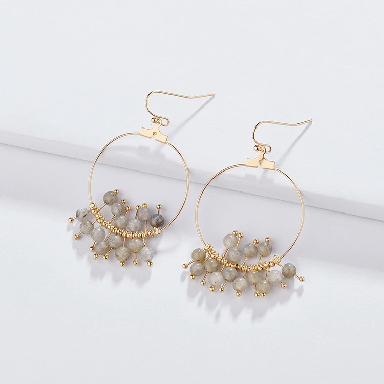 

Bohemia Circle Natural Stone Beads Dangle Earrings for Girls Fashion Gold Metal Hoop Earrings with Howlite Crystal Beads WX1721