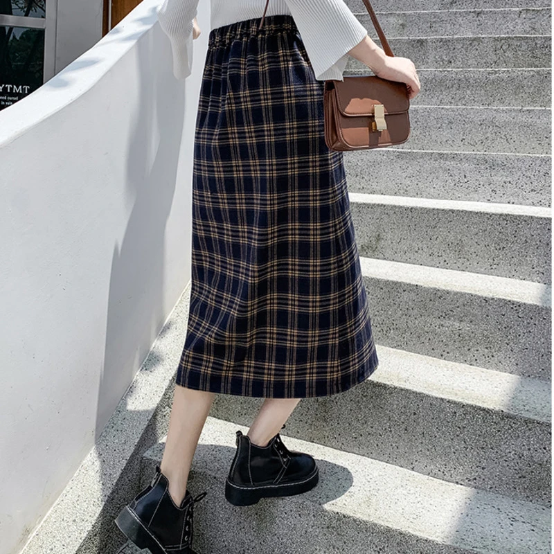 Зимние женские юбки, Ретро стиль, Boho, клетчатая юбка средней длины, для девочек, высокая талия, трапециевидная юбка, однобортная уличная одежда