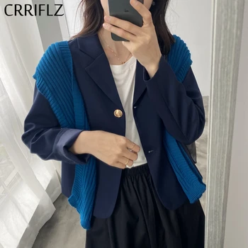 

CRRIFLZ 2020 New Casual Short Blazer Jacket Women Two Buckles Spring Autumn Suit Coat