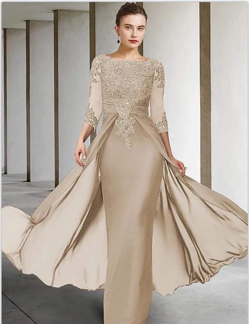 Elegant Wedding Guest Dresses Long Applique Women's Evening Dress Chiffon Formal Sheer Neck Mother of the Bride Dress