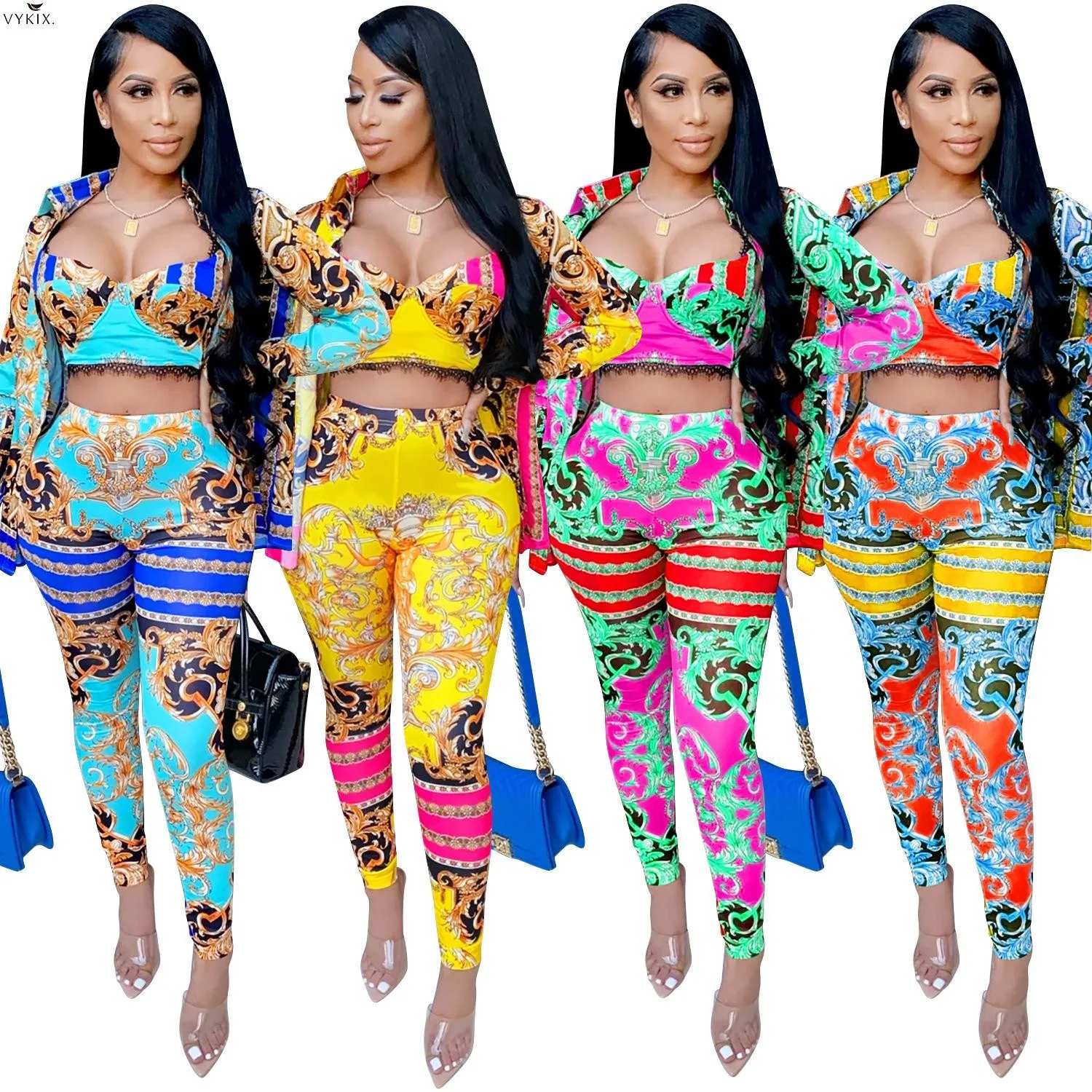 Autumn Winter Womens Tracksuit Set Coat+top+pants 3 Pieces Sets Clubwear Outfits Active National Print Sweatsuits Ensemble Femme |