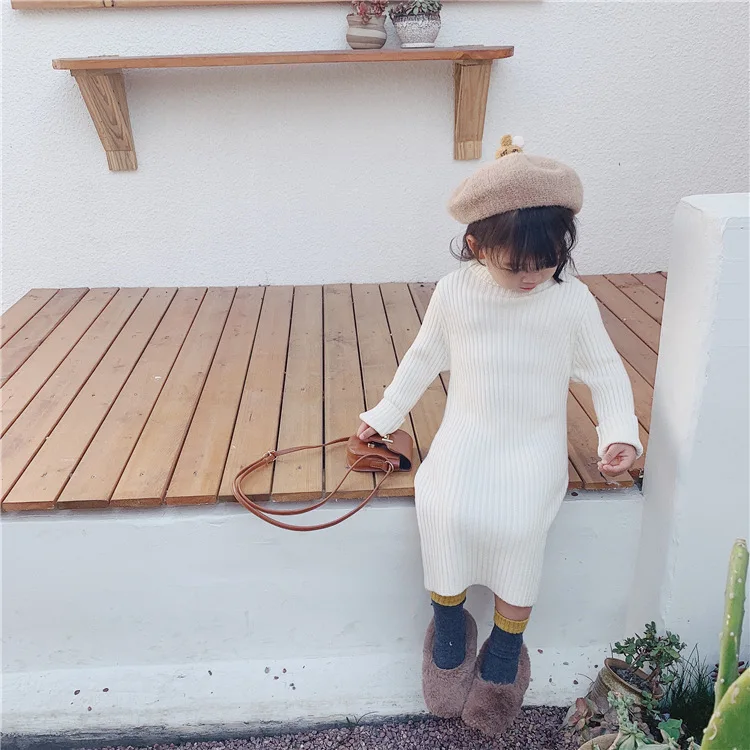HKXN/платья-свитеры для маленьких девочек вязаные платья детские длинные свитера для девочек г. Осенний длинный свитер для больших девочек платье с высоким воротом T02