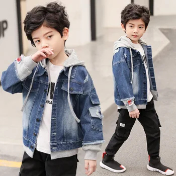 

Explosive models boy denim jacket printing stitching hooded new children spring and autumn fashion boy jacket trend