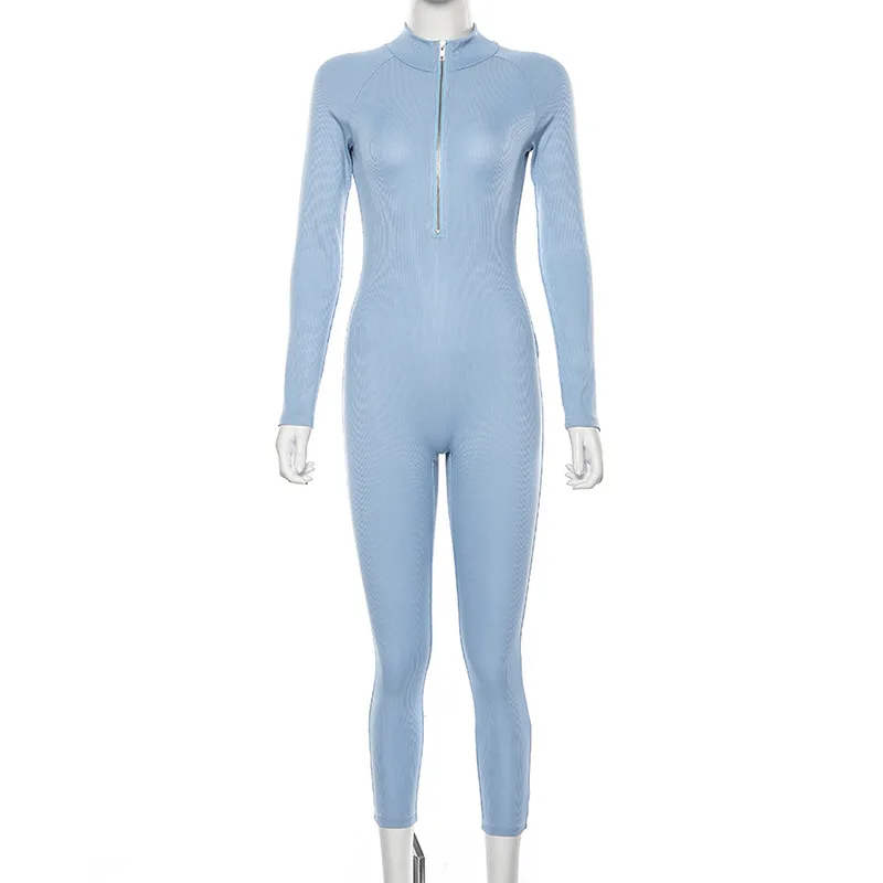 

Long Sleeve Skinny Jumpsuit Women Fall 2020 Womens Bodycon Clothing Slim Fashion Front Zipper Romper Jumpsuits Solid Blue Color