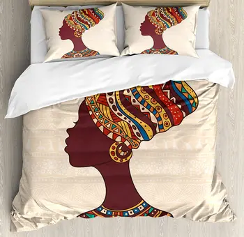 

Tribal Duvet Cover Set Woman in Traditional Fashion Dress Portrait Glamour Graphic Decorative 3 Piece Bedding Set