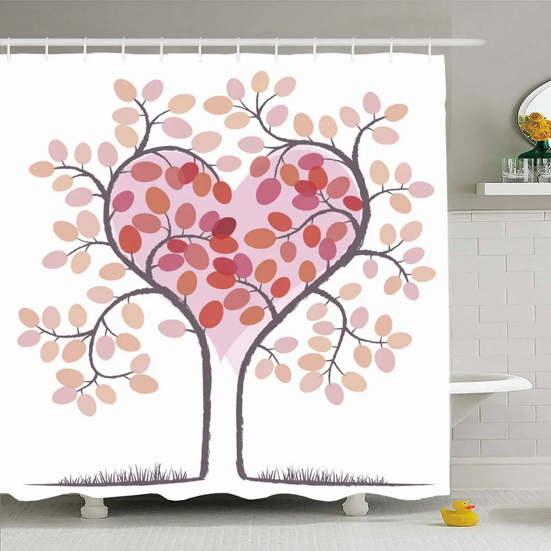 

Shower Curtain Set with Hooks 72x72 Abstract Love Valentine Romantic Red File Heart Tree Silhouette Design Shaped Nature Signs