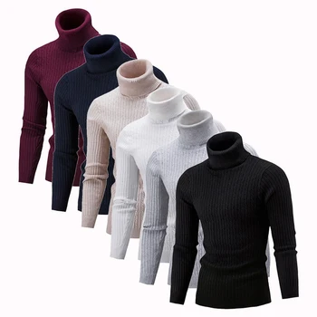 

2019 High Quality Warm Turtleneck Sweater Men Fashion Solid Knitted Mens Sweaters Casual Slim Pullover Male Double Collar Tops