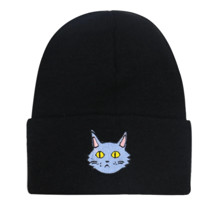

Winfox New Cat Pattern Caps Animal Embroidery Knitted Cap Beanie Hat Winter Warm Hats For Women men Gorra Hip hop Skull Bonnet