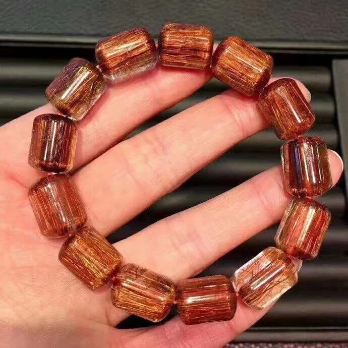 

Natural Copper Rutilated Quartz Crystal Stretch Barrel Beads Powerful Bracelet 16x11mm Gemstone Jewelry AAAAA