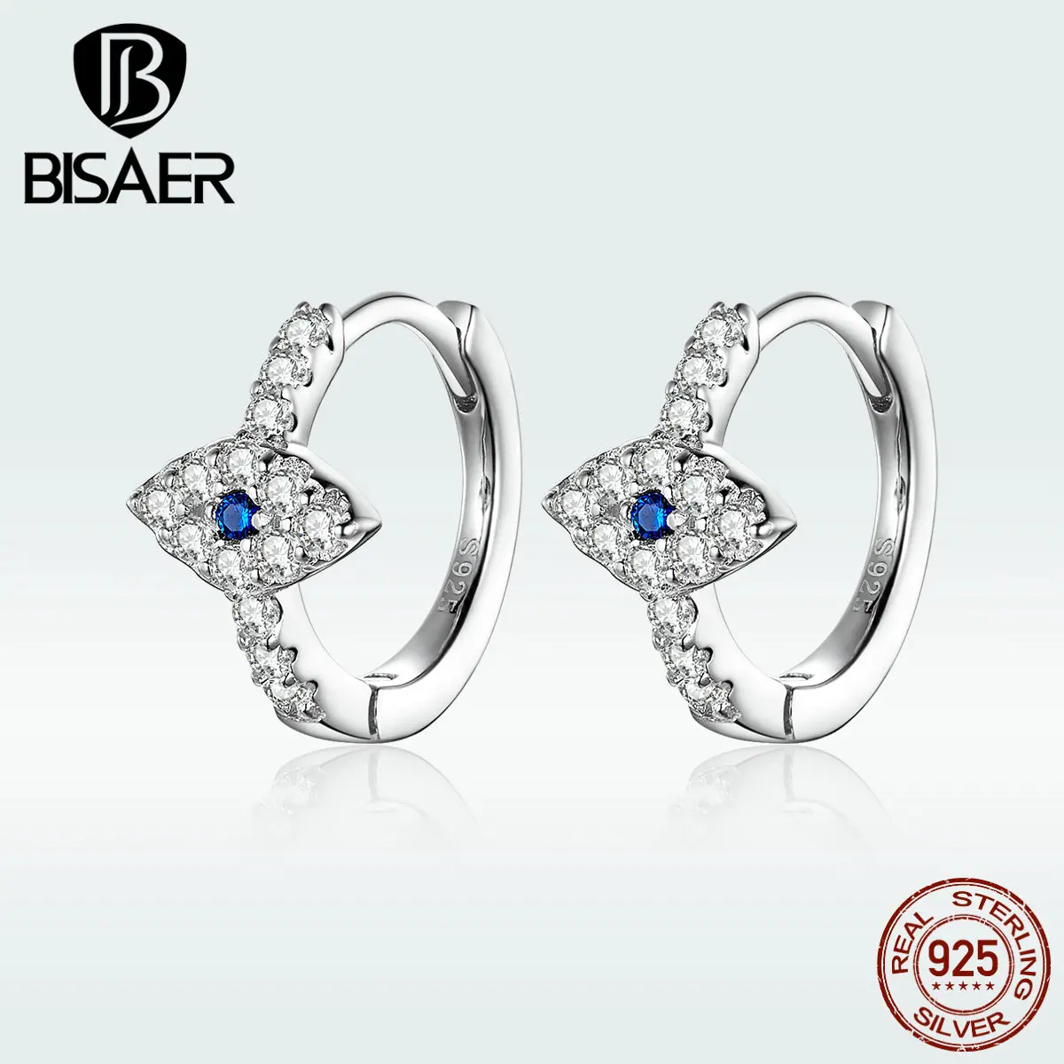 

BISAER 925 Sterling Silver Cubic Zircon Lucky Blue Eyes Earrings for Women Silver Jewelry Stud Earrings GXE783