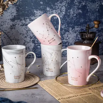 

Milk Coffee Cup Drinkware Ceramic Mugs 12 Constellations Creative Mugs with Spoon Lid Black and Gold Porcelain Zodiac