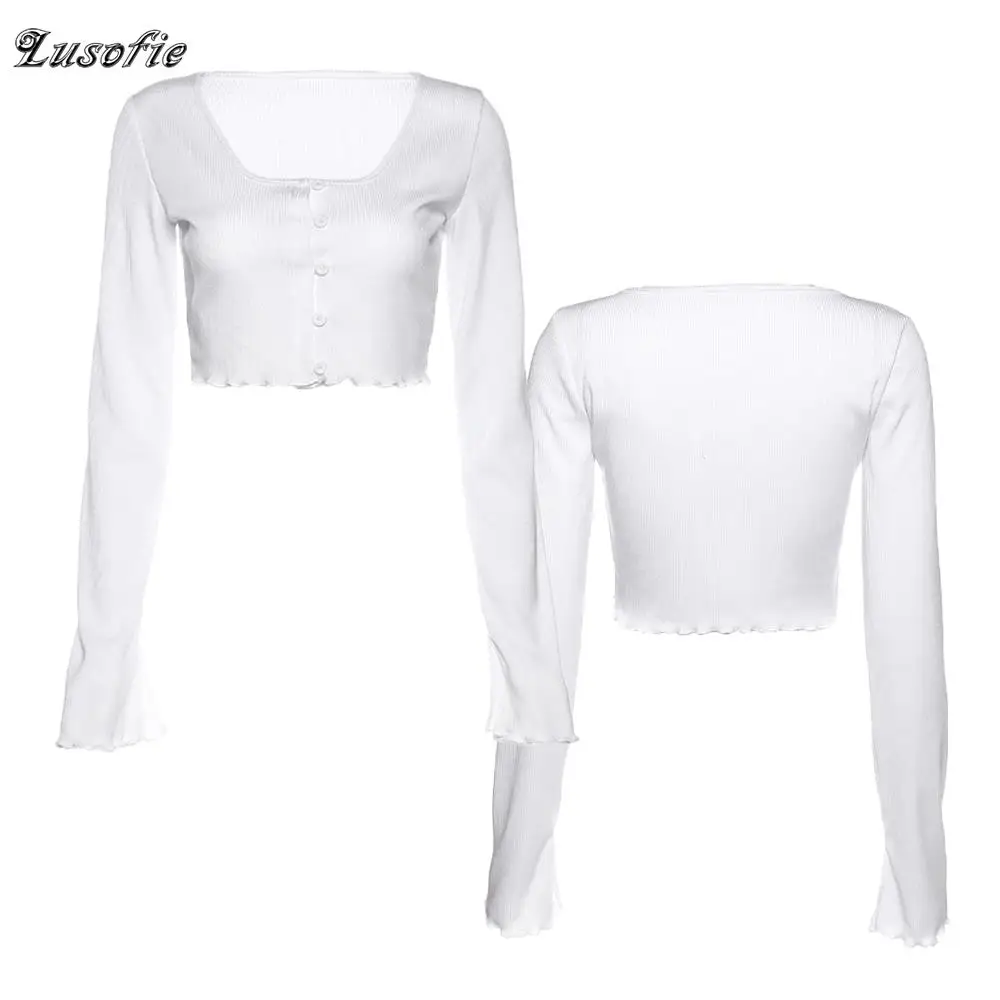 Lusofie 2020 new Women Button-Vest fashion short Tops thin slim Sweater long Sleeve Tank-Top stretchy Ladies knitted T Shirts