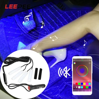 

LEEPEE 4pcs Car LED Dash Floor Foot Strip Light Bluetooth APP Sound Music Control Auto Atmosphere Lamps RGB Decorative Lamp