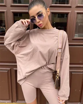 

2020 Fashion Women 2 Pieces Set Tracksuits Long Sleeve Loose Causal T-shirt Tops Pullovers High Waist Biker Shorts Trousers New
