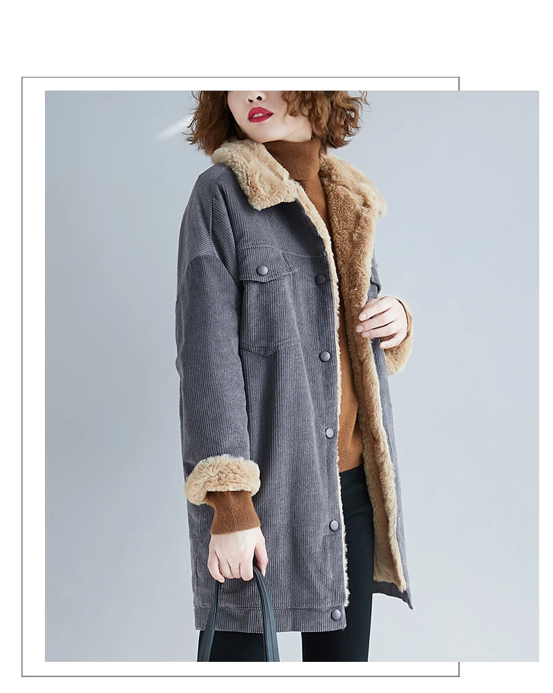 Винтажное осенне-зимнее пальто, новинка, вельветовые куртки для женщин, толстая длинная хлопковая одежда большого размера, женская верхняя одежда V1092