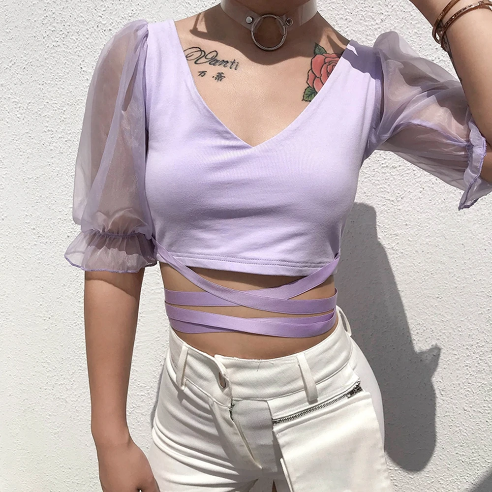 

Elegant Sweet Puff Sleeve Summer Women Tops Blouse Short Mesh V-neck Front Bandage Lace up Purple Shirt Tops