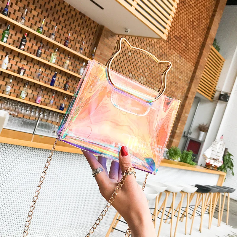 

Bag Women's 2018 New Style Colorful Laser the CAT Mini Transparent Gel Bag Chain Shoulder Square Sling Bag