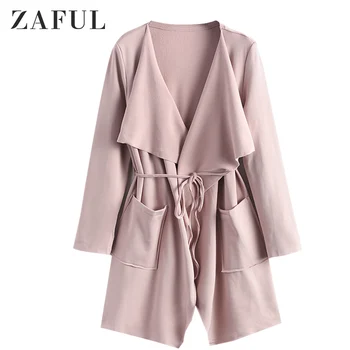 

ZAFUL Women Overcoat Patched Pockets Belted Waterfall Turn-Down Collar Long Sleeve Solid Color Skirted Coat For Autumn Longline