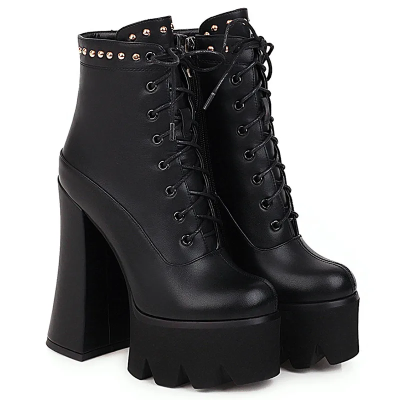 Drestrive Pu Leather Thick Heels 15cm Women's Ankle Boots Platform Rivet Zipper 2020 Winter High Heel Shoes Cross Tied Black