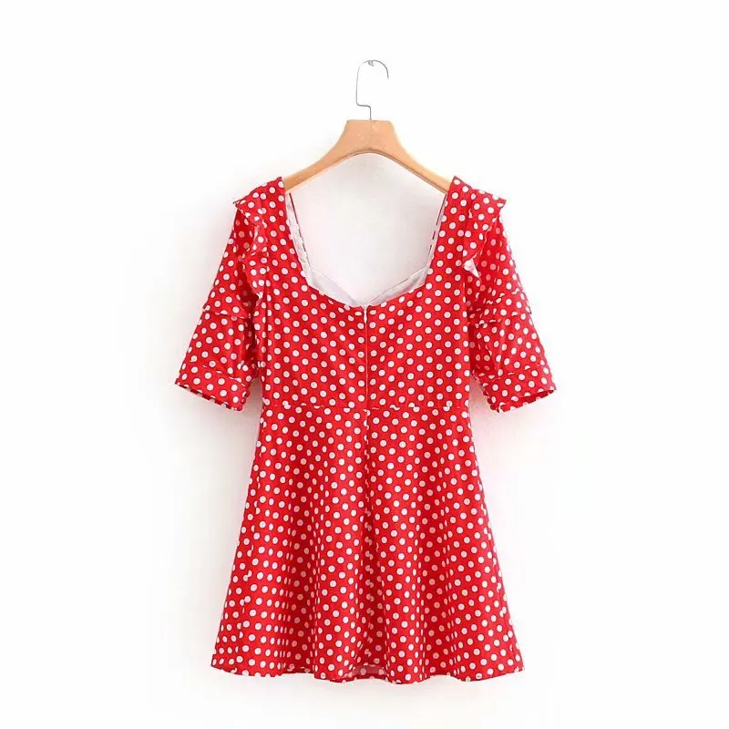 

Europe And America Spring And Autumn New Style Versitile Fashion Flounced Button Ornaments Slim Fit Retro Polka Dot Half-sleeve